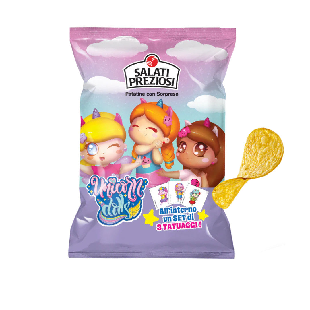 Chips Patatine con Sorpresa Unicorn Dolls - Salati Preziosi - 25gr 24Pz